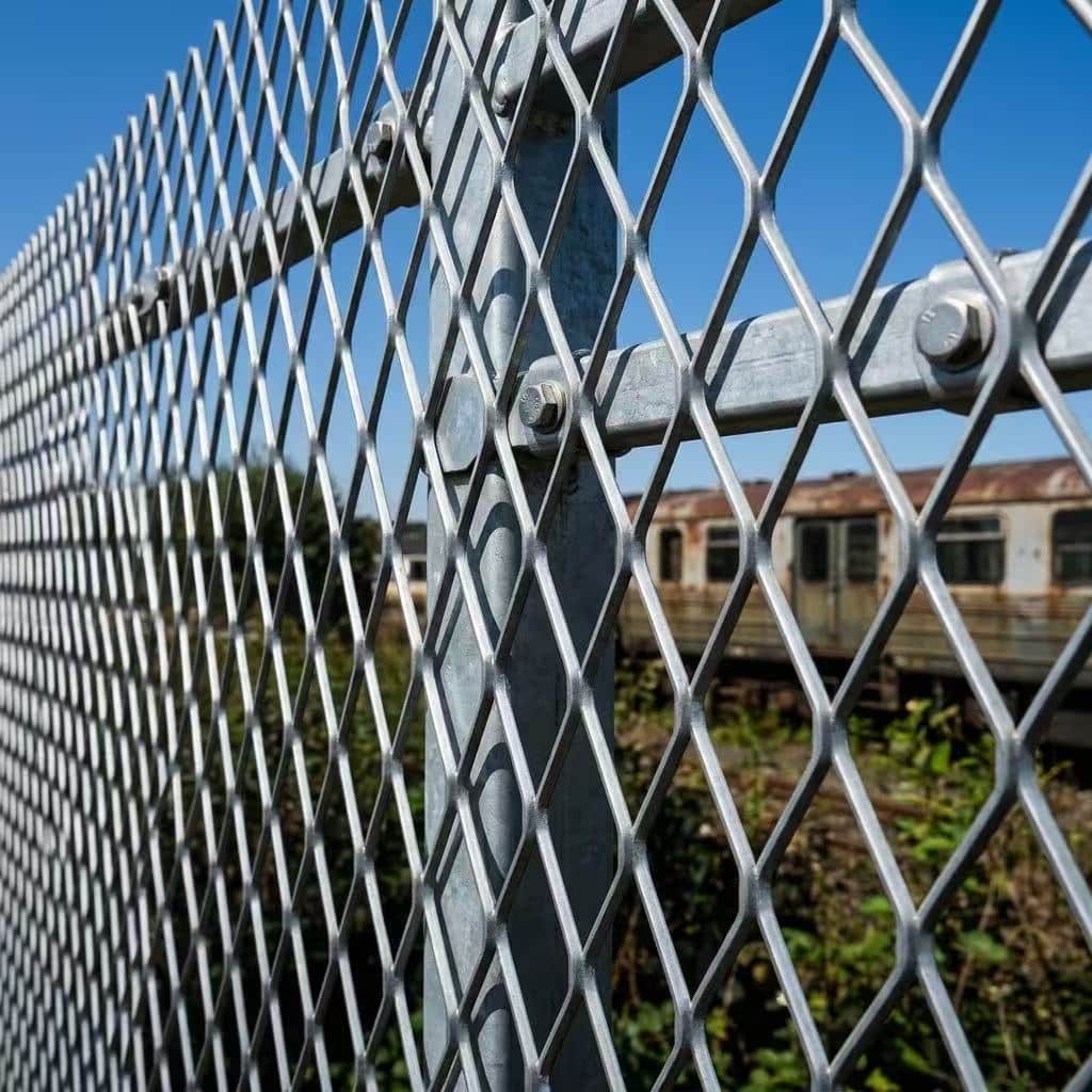 Уличное ограждение из оцинкованной просечно-вытяжной сетки вдоль линии забора под открытым небом